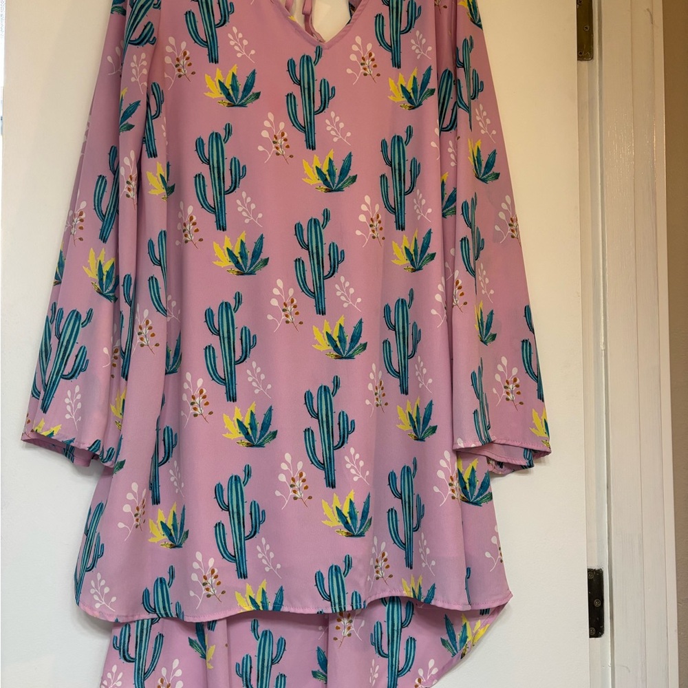 Pink Cactus Print Tunic Style High Low Dress with Fluttery Sleeves